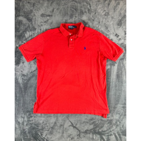 Vintage Polo Ralph Lauren Red Polo Shirt Large Classic Blue Pony Single Stitch - Picture 1 of 8
